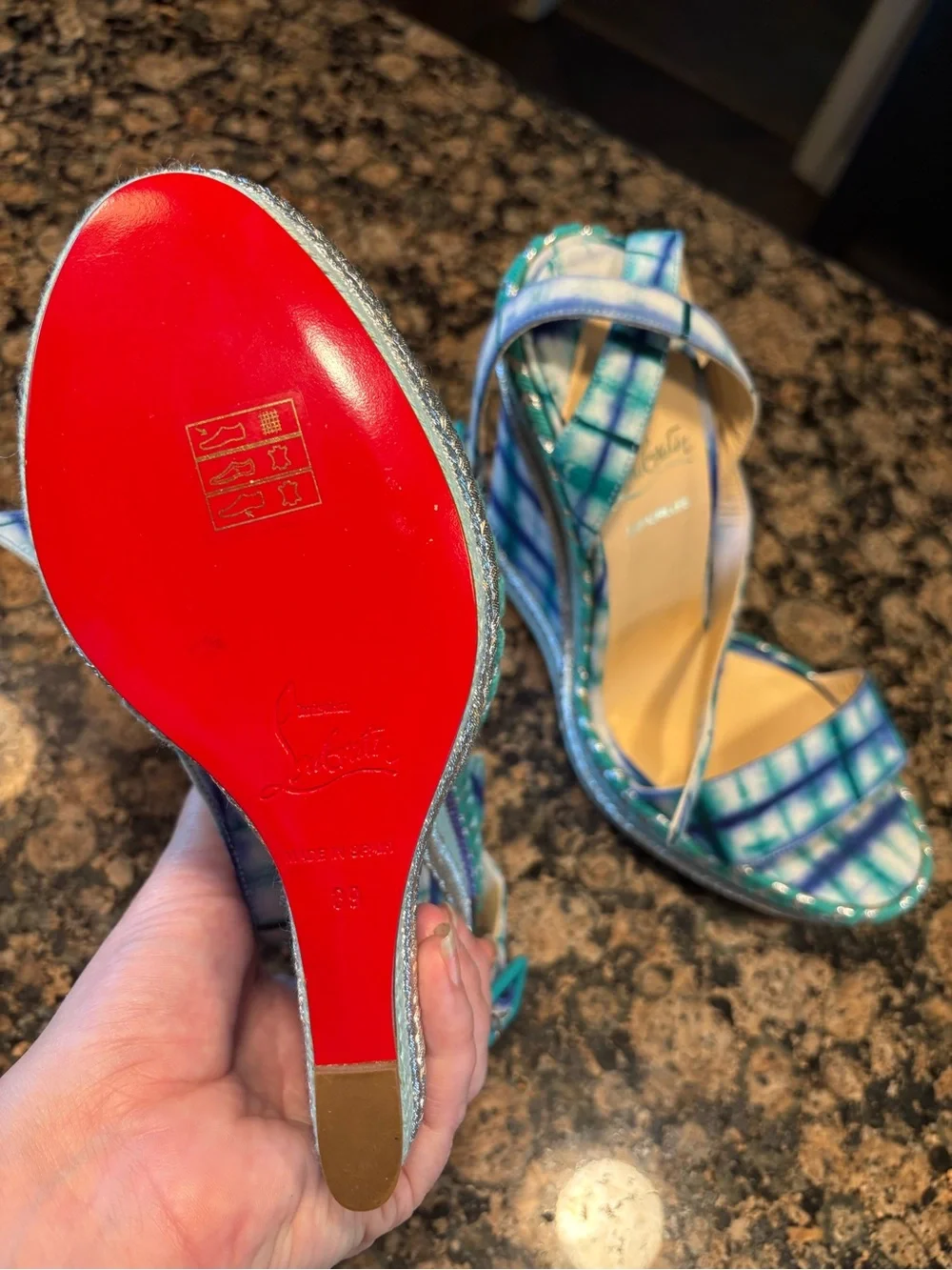 Christian Louboutin Teal & Blue Plaid Espadrille Wedge Sandals